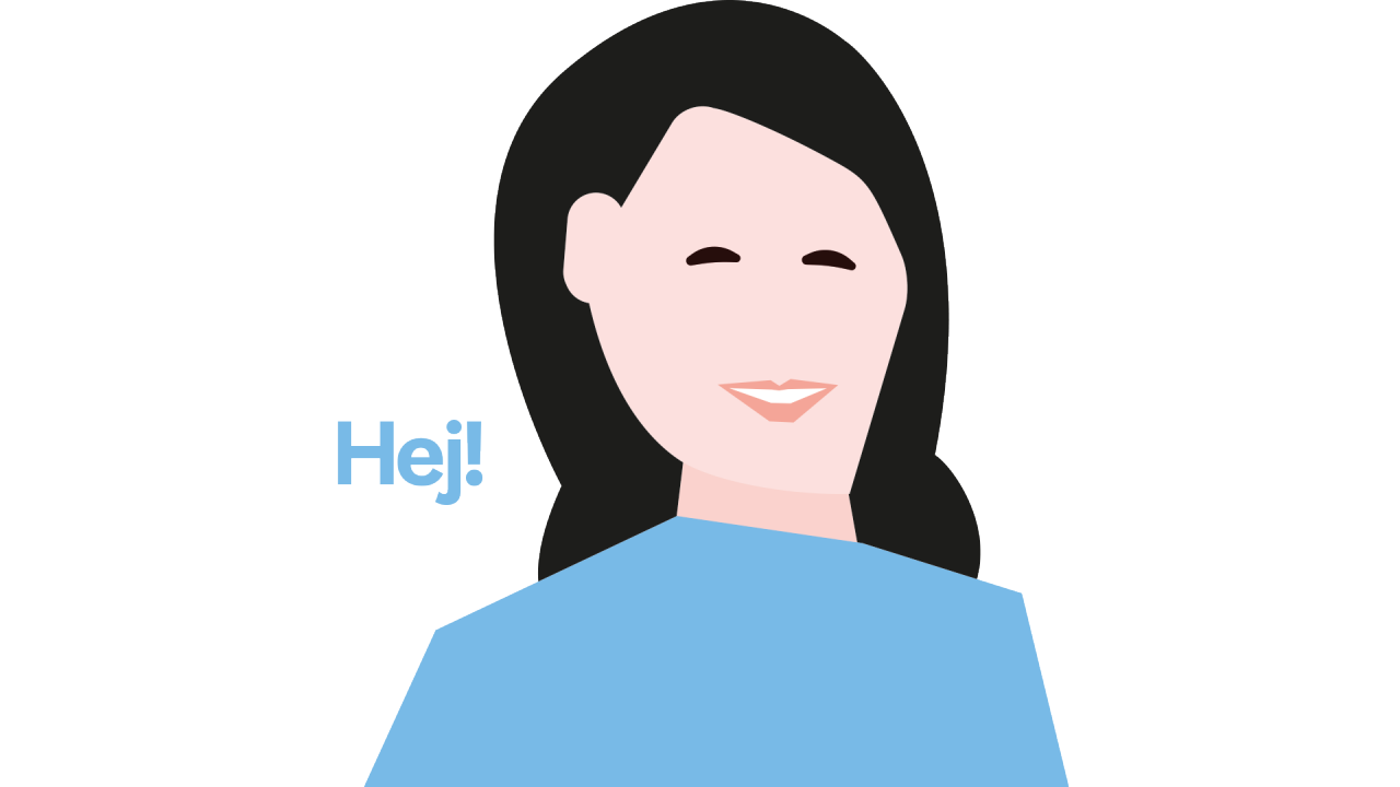 Kvinna med svart, långt hår, ler och säger Hej!