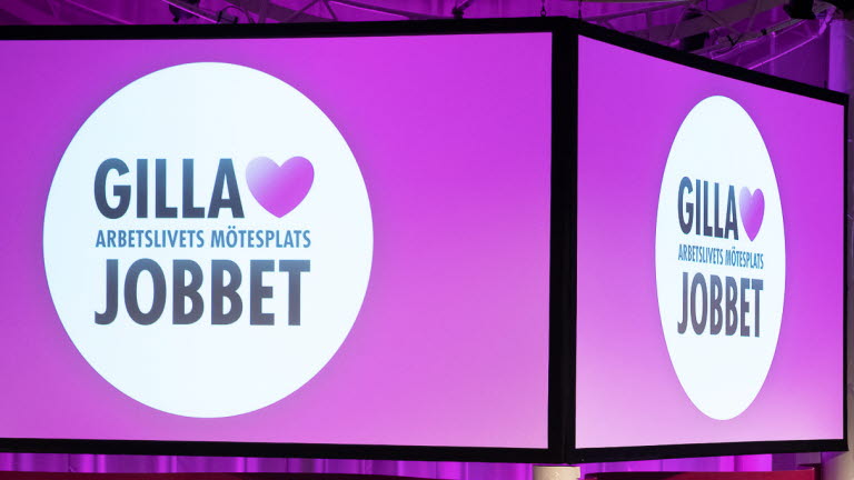 Storbildskärm med Gilla Jobbet-logotypen.