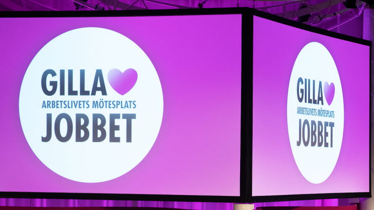 Storbildskärm med Gilla Jobbet-logotypen.