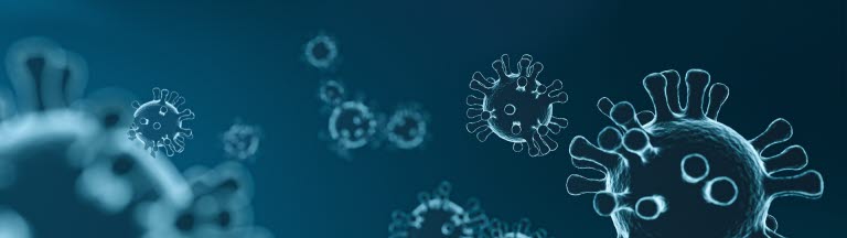Blå bild på uppförstorat coronavirus.