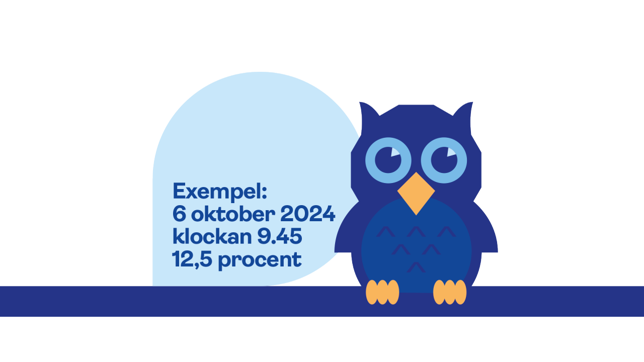 Uggla bredvid text med sifferexempel: 6 oktober 2024, klockan 9.45, 12,5 procent.