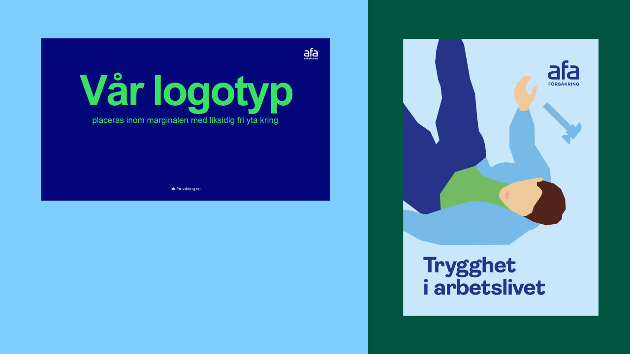 Folder i A4 och bild i 16:9-format med Afa Försäkrings logotyp placerat i nedre högra hörnet.
