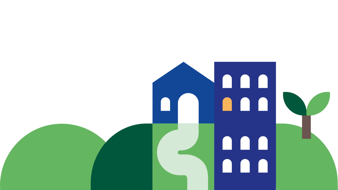 Tecknade blå hus på runda kullar täckta av grönt gräs.