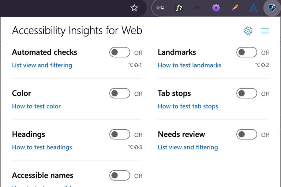 Översikt av reglare i tillägget Accessibility insights for web