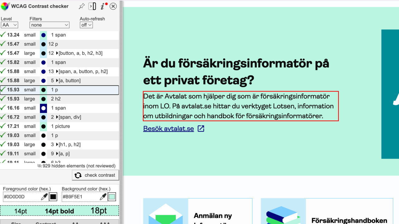 Skärmbild av verktyg med kontrastvärde på webbsida