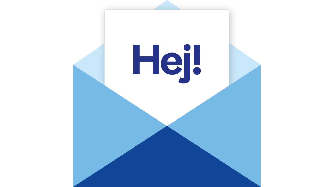 Ett öppet kuvert med ett brev som sticker ut. På brevet står ordet hej.