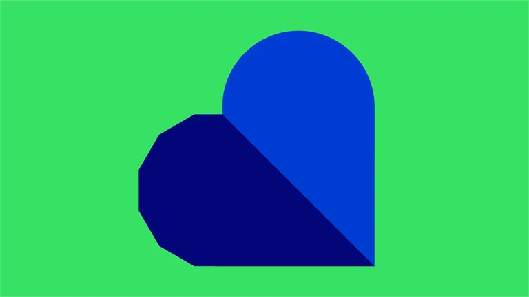 Liggande hjärta i mörkblått och ljusblått på på grön bakgrund