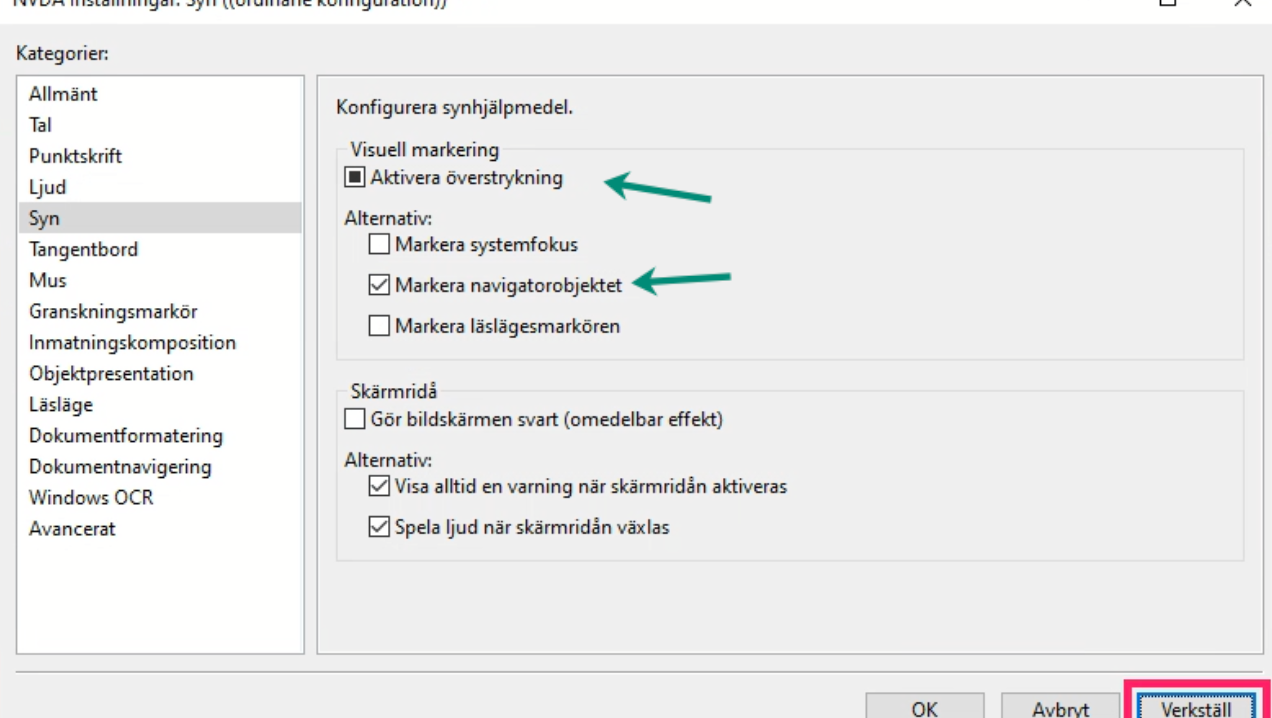 Instruktion för inställning för skärmläsaren NVDA i PC