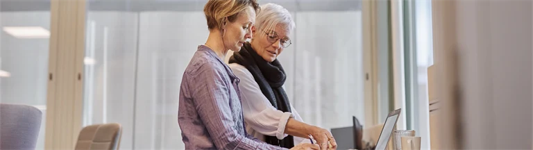 två personer sår vid ett skrivbord och jobbar med dator