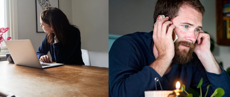 Två bilder i ett kollage som visar en kvinna som jobbar hemifrån på sin laptop vid köksbordet och en man som jobbar hemifrån på sin laptop i vardagsrummet medan han talar i telefon.