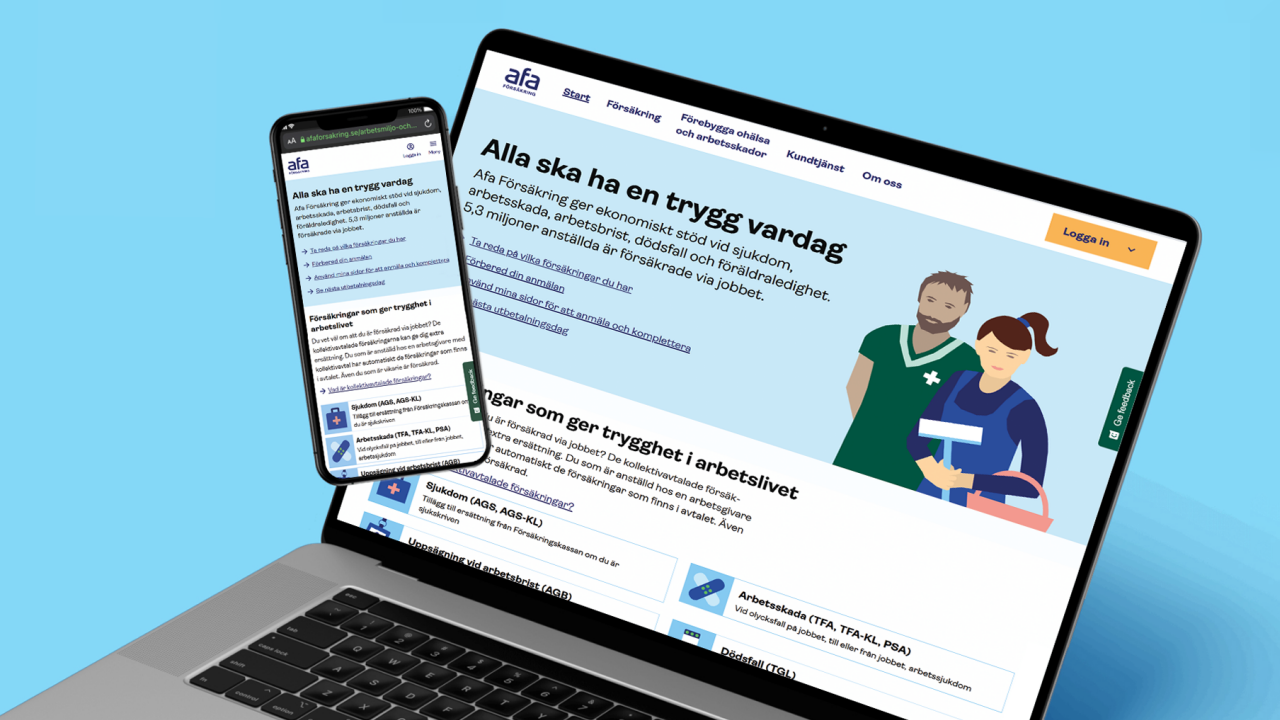 Mobiltelefon och dator med Afa Försäkrings hemsida.