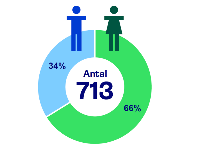 Diagram som visar att kvinnor är inblandade i 66 procent av alla allvarliga olycksfall på arbetet med djur, medan män är inblandade i 34 procent.