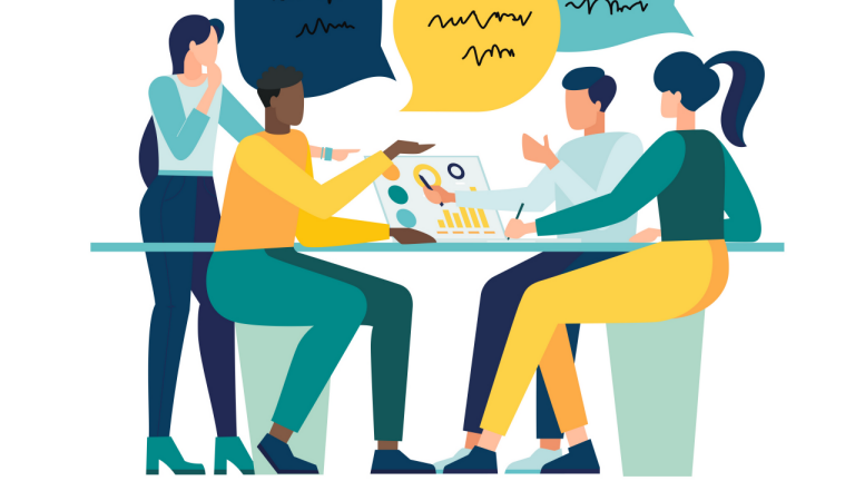 Människor runt ett skrivbord. Illustration.